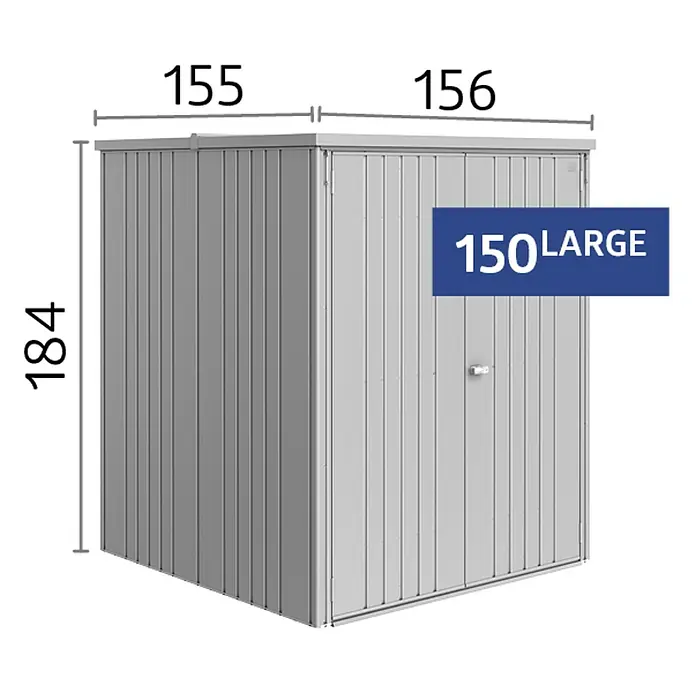 Biohort Geräteschrank - Außenmaß inkl. Dachüberstand (B x T): 156 x 155 cm, Stahl, Silber Metallic - Abbildung eines Gerätehauses mit den Maßen 155 x 156 x 184 cm, gekennzeichnet als "150 Large", ideal für die Gartenaufbewahrung.