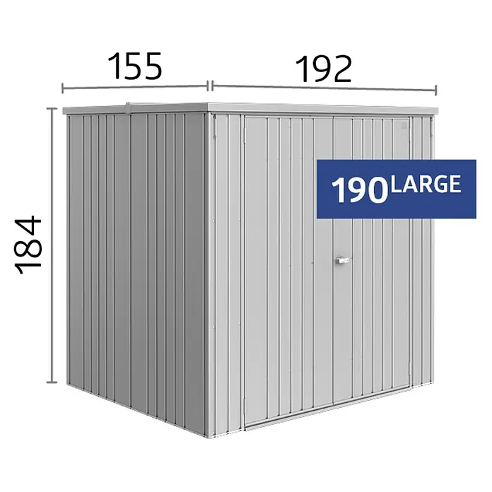 Biohort Geräteschrank - Außenbreite inkl. Dachüberstand: 192 cm, Außentiefe inkl. Dachüberstand: 155 cm, Stahl, Quarzgrau - Das Bild zeigt ein Metallgartenhaus mit den Maßen 184 x 155 x 192 cm. Es ist ideal für die Lagerung von Gartengeräten.