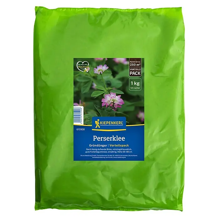 Kiepenkerl Gründüngung Perserklee - Trifolium resupinatum, 250 m² - Eine grüne Saatguttüte "Perserklee" von Kiepenkerl, ideal für Gründüngung und als Bienenweide. Inhalt: 1 kg, reicht für ca. 250 m².