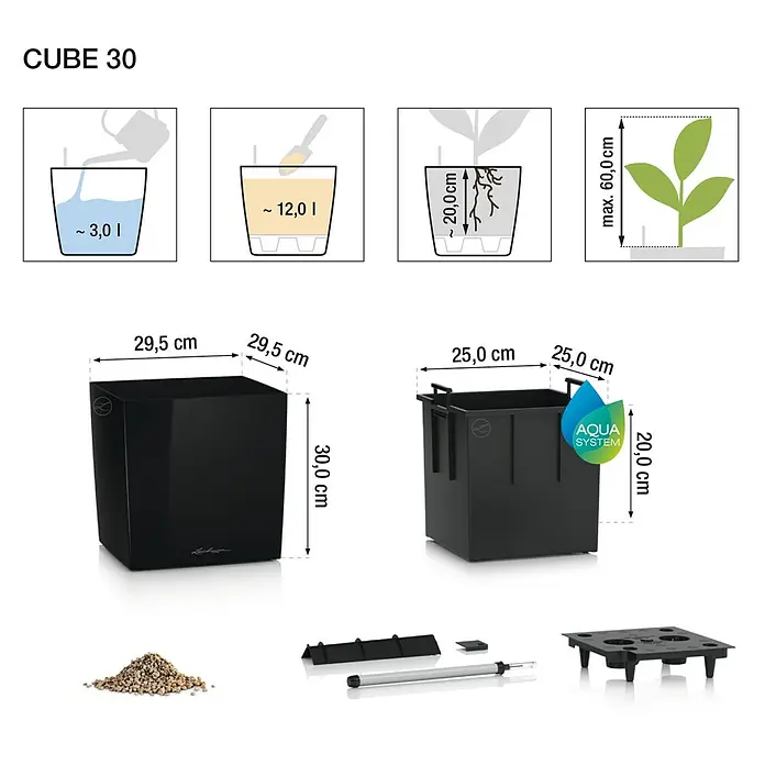 Lechuza Cube Pflanzkübel eckig Premium - Außenmaß (L x B x H): 29,5 x 29,5 x 30 cm, Kunststoff, Anthrazit Metallic - Produktbild des CUBE 30 Pflanzgefäßes mit Größenangaben und Füllmengen, das die Eigenschaften des Produkts hervorhebt.
