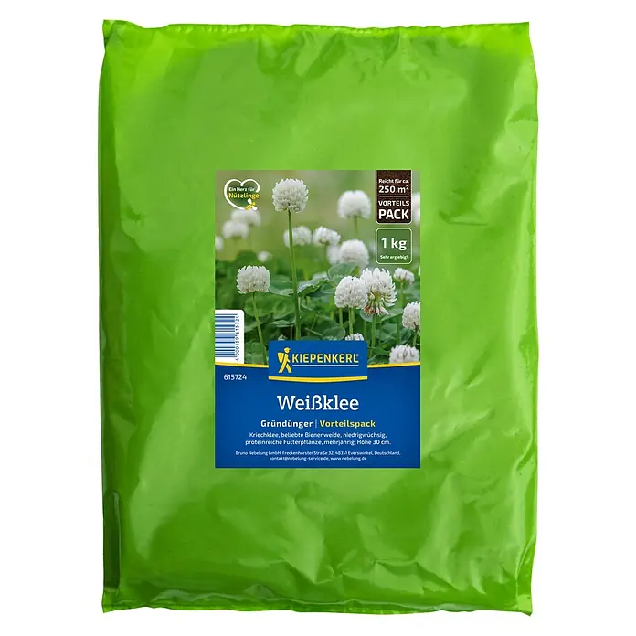 Kiepenkerl Gründüngung Weißklee - Trifolium repens, 100 m² - Bild eines 1kg-Beutels Weißklee-Gründünger der Marke Kiepenkerl, ideal für Bienenweiden und proteinreiche Futterpflanzen.