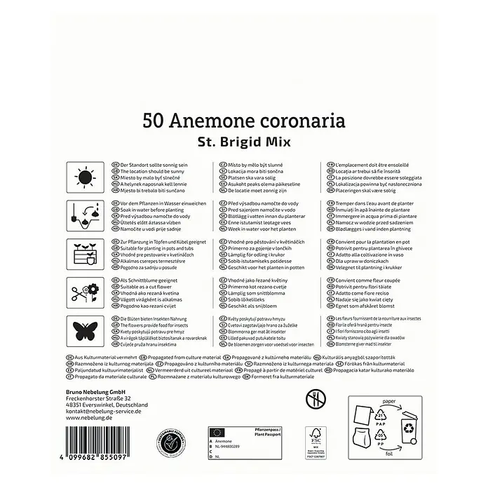 Kiepenkerl Profi-Line Blumensamen Mischung Anemone St. Brigid - Anemone coronaria 'St. Brigid', mehrfarbig - Produktverpackung für 50 Anemone coronaria St. Brigid Mix, mit Pflanz- und Pflegehinweisen sowie Entsorgungshinweisen.