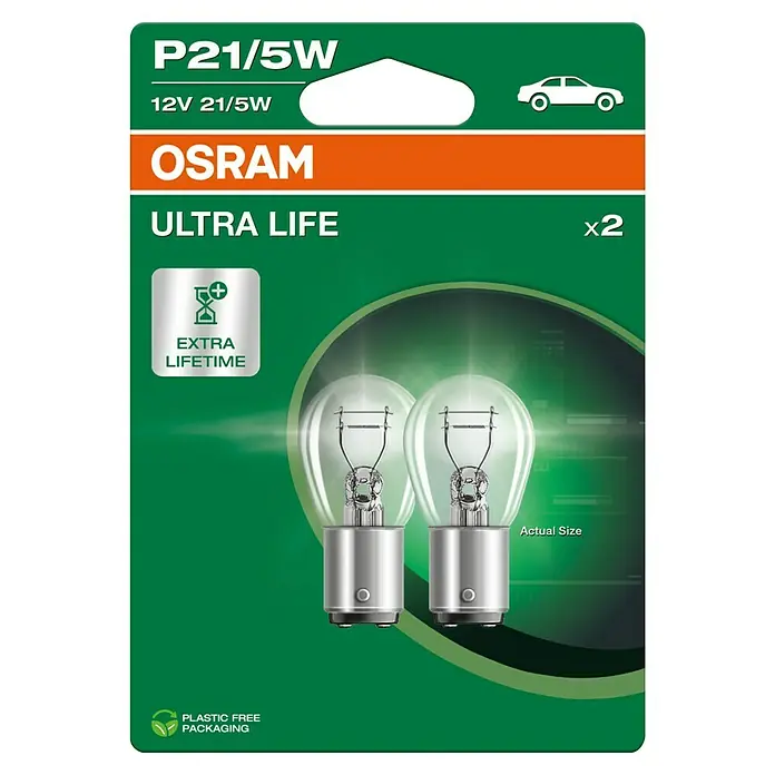 Osram Brems- & Schlussleuchte - Lichtstrom: 440 lm - 35 lm, 2 Stk. - Ein Paar Osram P21/5W Ultra Life Glühlampen in einer umweltfreundlichen Verpackung, die eine längere Lebensdauer versprechen.