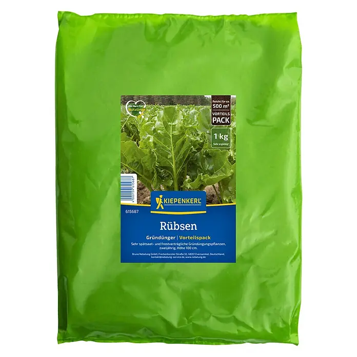 Kiepenkerl Gründüngung Rübsen - Brassica rapa L. silvestris - Bild einer 1 kg Packung "Kiepenkerl Rübsen" Gründünger. Ideal für ca. 500 m², spätsaat- und frostverträglich, zweijährig.