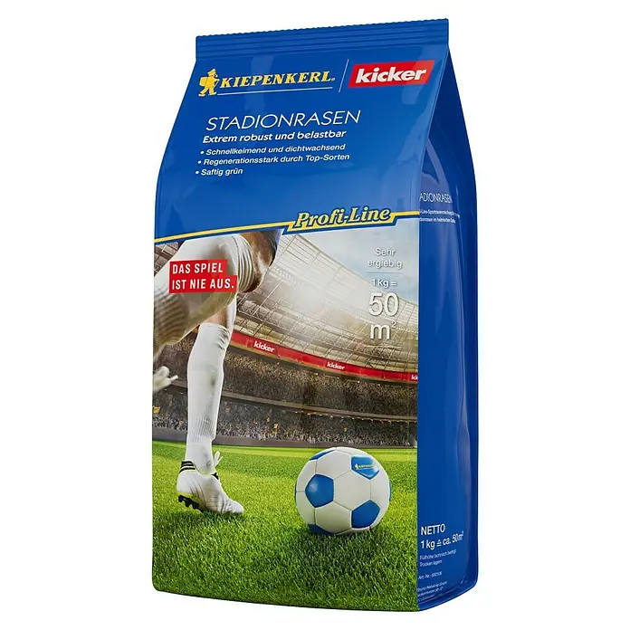 Kiepenkerl Profi-Line Spiel- & Sportrasensamen Kicker Stadionrasen - 1 kg, 50 m² - Abbildung einer Packung KIEPENKERL Kicker Stadionrasen-Samen, ideal für robuste und dichte Rasenflächen mit einer ergiebigen Leistung.