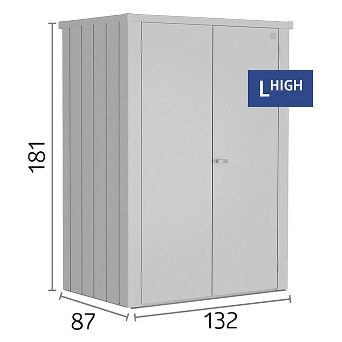 Biohort Romeo Gerätehaus Gr. L High (Außenmaß inkl. Dachüberstand (B x T): 132 x 87 cm, Stahl, Silber‑Metallic) | BAUHAUS