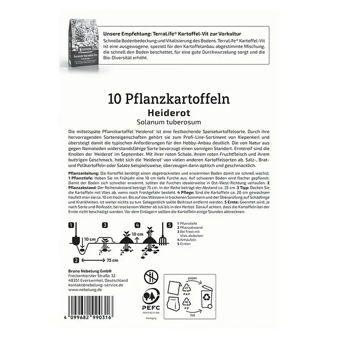 Kiepenkerl Profi-Line Pflanzkartoffeln Heiderot - Solanum tuberosum, 10 Stk., Erntezeit: September - Anleitung zum Pflanzen von Kartoffeln der Sorte Heiderot mit Angaben zu Pflanztiefe, Abstand und Pflege für eine erfolgreiche Ernte.