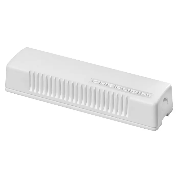Spettmann Windsensor - 140 x 38 x 26 mm, Passend für: Spettmann offene Gelenkarm-, Halbkassetten- und Vollkassettenmarkisen - Nahaufnahme eines weißen Cherubini-Produkts mit dem Logo "CHERUBINI" und einem gerippten Design.