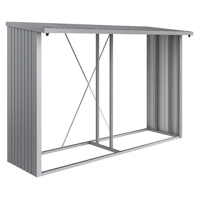 Biohort WoodStock Kaminholzregal - Stahl, Silber Metallic, B x T x H: 300,7 x 102 x 199 cm - Abbildung eines modernen, grauen Geräteschuppens zur Aufbewahrung von Gartengeräten und -möbeln.