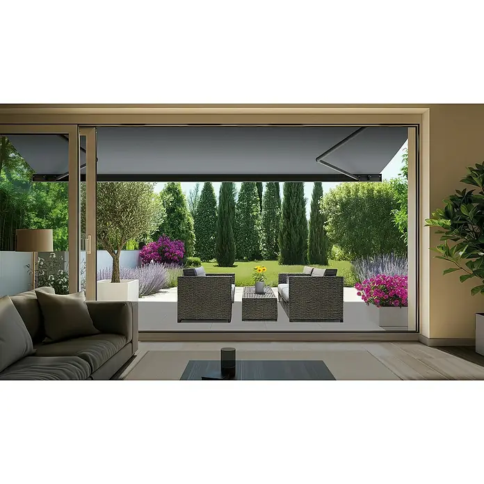 Spettmann Vollkassettenmarkise 1063 - Dunkelgrau, Farbe Gestell: Eisenglimmer matt, Breite: 6 m, Ausfall: 3 m - Elegante Terrassenüberdachung für entspannte Stunden im Freien. Das schützende Design bietet Komfort und Stil im Gartenbereich.