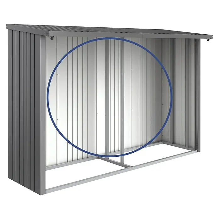Biohort WoodStock Rückwand - B x H: 1.965 x 11 mm, Stahl, Quarzgrau-Metallic - Ein modernes Gerätehaus aus Metall mit Lamellenstruktur, ideal für Gartenwerkzeuge. Der Wetterschutz bietet Schutz vor Regen und Wind.