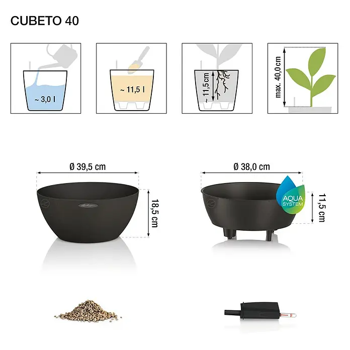 Lechuza Color Pflanzschale rund Cubeto - Außenmaß (Ø x H): 40 x 18,3 cm, Kunststoff, Schwarz - Abbildung eines CUBETO 40 Pflanzgefäßes mit Maßangaben und Füllmengen, das das Aqua System zur Bewässerung zeigt.