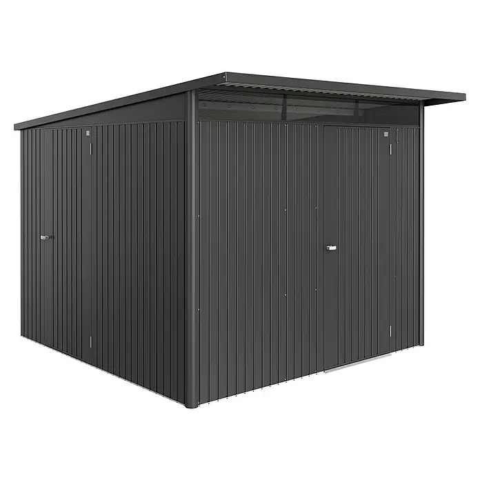 Biohort AvantGarde Zusatztür - Türanschlag rechts - Das Bild zeigt ein modernes Gerätehaus aus Metall mit Doppeltür und einem schrägen Dach in dunkler Farbe. Ideal für den Garten zur Aufbewahrung.
