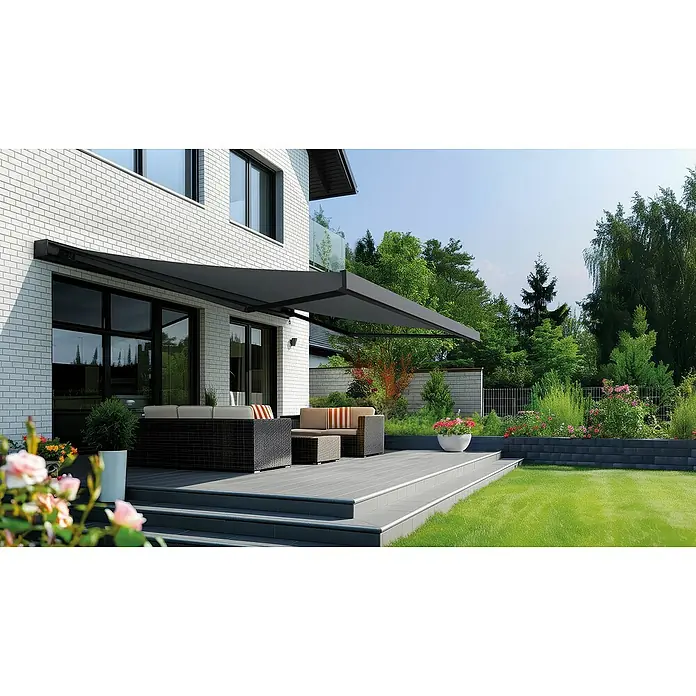 Spettmann Vollkassettenmarkise 1063 - Dunkelgrau, Farbe Gestell: Eisenglimmer matt, Breite: 6 m, Ausfall: 3 m - Terrasse mit Markise: Die elegante Markise spendet Schatten und sorgt für ein angenehmes Ambiente im Außenbereich.