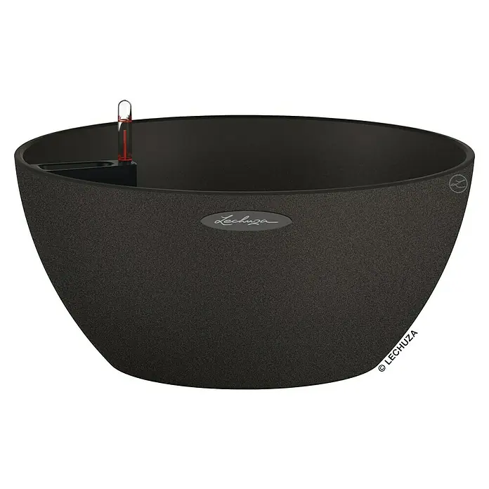 Lechuza Color Pflanzschale rund Cubeto - Außenmaß (Ø x H): 40 x 18,3 cm, Kunststoff, Schwarz - Nahaufnahme eines anthrazitfarbenen Lechuza Pflanzgefäßes mit Wasserstandsanzeige, ideal für Zimmer- und Gartenpflanzen.