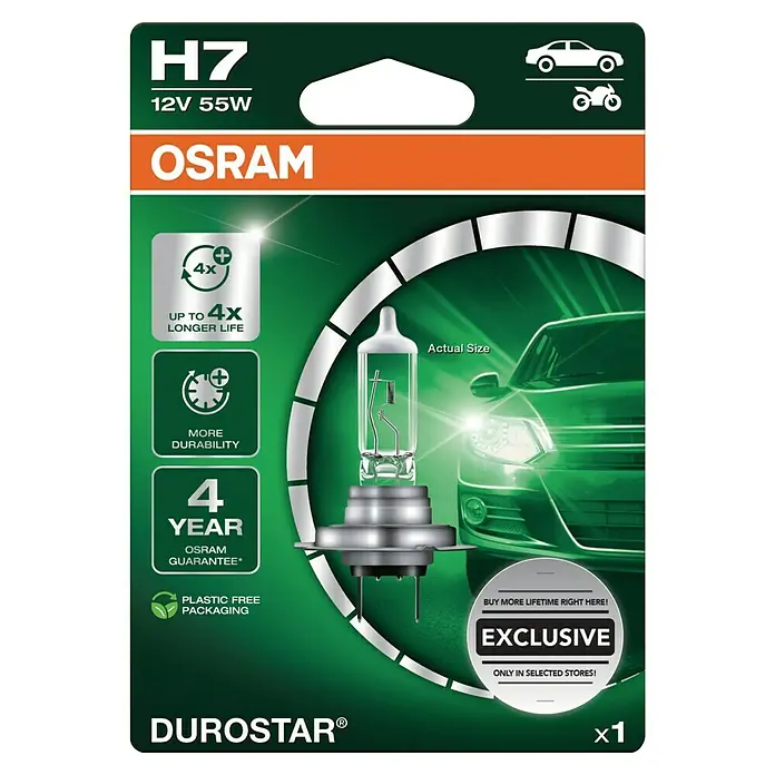 Osram Hauptscheinwerfer-Lampen - H7, 1 Stk. - Produktverpackung einer Durostar H7-Glühbirne, 12V 55W, mit Osram-Garantie und bis zu 4x längerer Lebensdauer.
