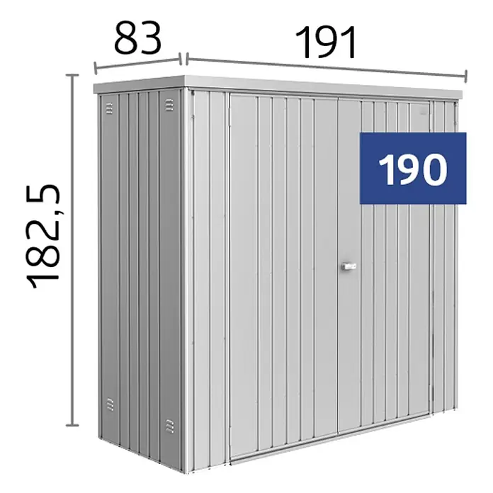 Biohort Geräteschrank - Außenbreite inkl. Dachüberstand: 190 cm, Außentiefe inkl. Dachüberstand: 83 cm, Stahl, Quarzgrau Metallic - Abbildung eines Metallschuppens mit den Maßen 182,5 x 83 x 191 cm.