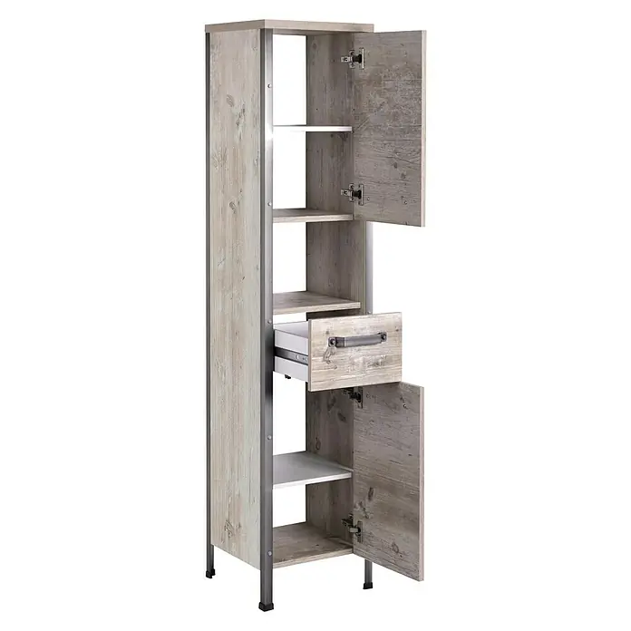 Schildmeyer Harkon Hochschrank - 35 x 34 x 162 cm, Findus - Ein schlanker Badezimmerschrank in Holzoptik mit offenen Türen und einer Schublade für zusätzlichen Stauraum.