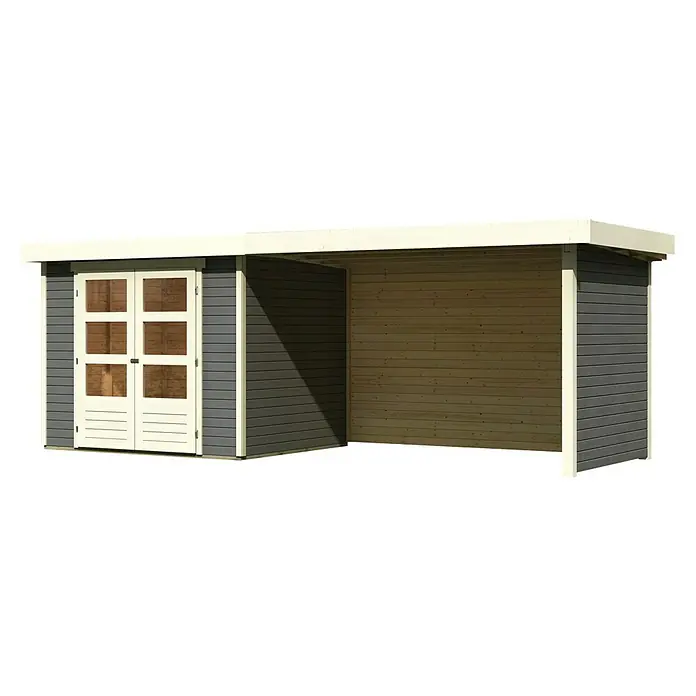 Karibu Gartenhaus Askola 3 - Außenmaß inkl. Dachüberstand (B x T): 528,5 x 238 cm, Holz, Terragrau, Mit Anbaudach, Rück- und Seitenwand - Abbildung eines Holzgartenhauses mit Doppeltüren und einem Carportanbau, ideal für Gartenliebhaber.