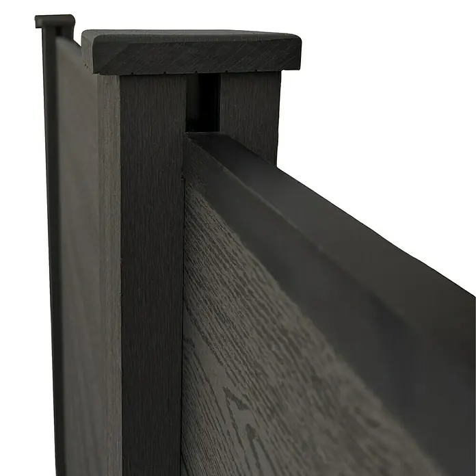 Prestige Home Living Outdoor Sichtschutzelement Set Corteza - B x H: 350 x 180 cm, WPC, Anthrazit - Detailaufnahme eines Zaunelements in dunklem Holz, das Stabilität und moderne Ästhetik vereint. Ideal für Garten- und Landschaftsbau.
