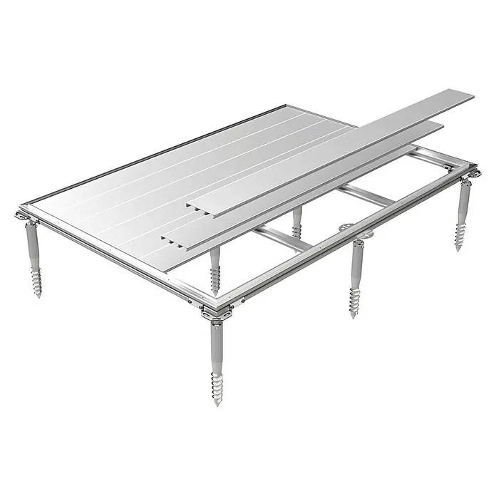 Biohort SmartBase PLUS Schraubfundament - Aluminium - Bild einer silbernen Podestkonstruktion mit verstellbaren Füßen und einer soliden, geriffelten Oberfläche. Ideal für Bühnenbau und Veranstaltungen.