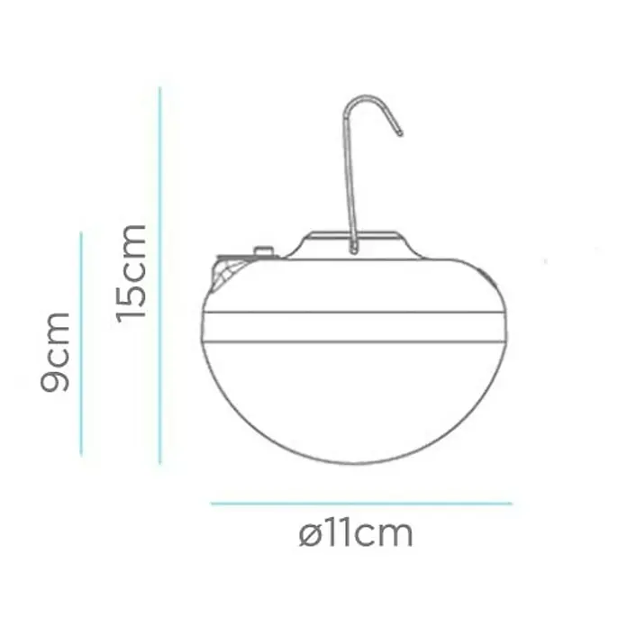 New Garden Akku-Pendelleuchte Cherry - 9 W, L x B x H: 11 x 11 x 8,5 cm, Beige, IP44 - Eine schematische Darstellung einer tragbaren Lampe mit Haken, die 15 cm hoch und 11 cm im Durchmesser ist. Die Höhe des Lampenkörpers beträgt 9 cm.
