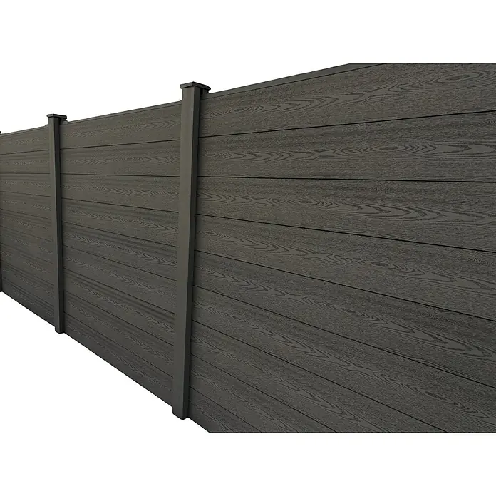 Prestige Home Living Outdoor Sichtschutzelement Set Corteza - B x H: 350 x 180 cm, WPC, Anthrazit - Nahaufnahme eines grauen Woodgrain-Zauns mit Pfosten. Perfekt, um Privatsphäre und Stil in jeden Garten zu bringen.