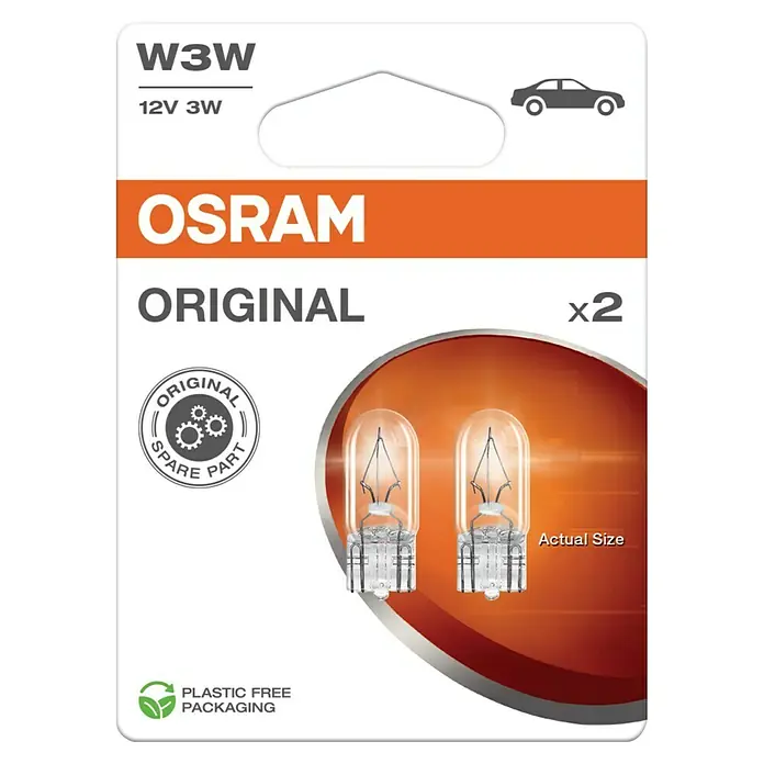 Osram Standlicht-Lampe - 12 V, 2 Stk. - Nahaufnahme der Verpackung einer Osram W3W 12V 3W Original Glühbirne für Autos, Doppelpackung.