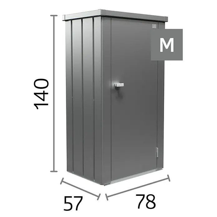 Biohort Julia Geräteschrank - Außenbreite inkl. Dachüberstand: 78 cm, Außentiefe inkl. Dachüberstand: 57 cm, Stahl - Abbildung eines Metallgartenschranks in Grau mit Größenangaben. Das Produkt ist robust und ideal für die Gartenaufbewahrung.