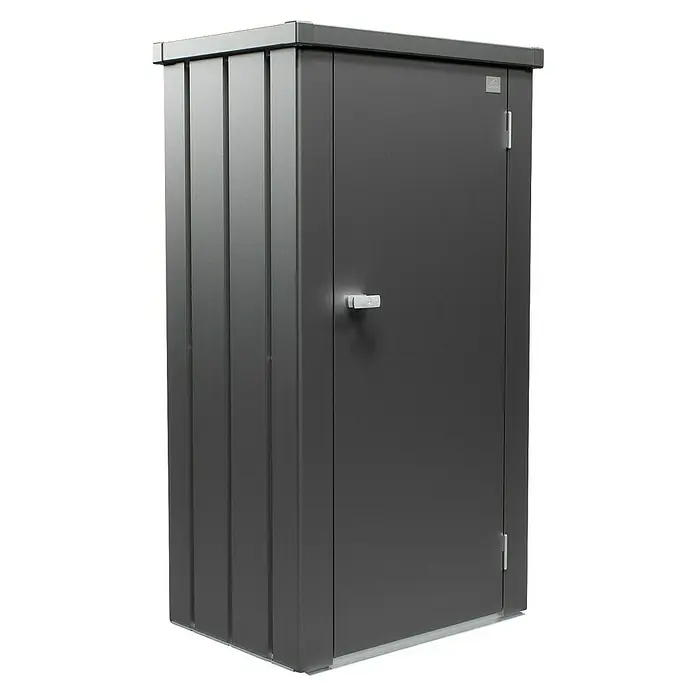 Biohort Julia Geräteschrank - Außenbreite inkl. Dachüberstand: 78 cm, Außentiefe inkl. Dachüberstand: 57 cm, Stahl, Dunkelgrau Metallic - Aufnahme eines grauen Metall-Geräteschranks mit Tür und Griff. Optimal für die Aufbewahrung im Außenbereich, robust und wetterfest.