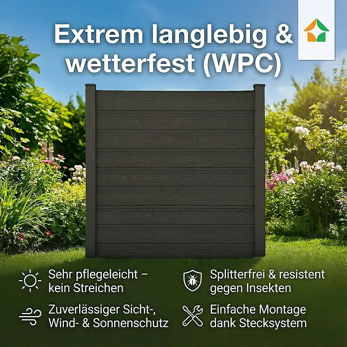 Prestige Home Living Outdoor Sichtschutzelement Set Corteza - B x H: 350 x 180 cm, WPC, Anthrazit - Bild einer robusten und wetterfesten (WPC) Gartenzaun-Lösung, die langlebig, pflegeleicht und einfach zu montieren ist.