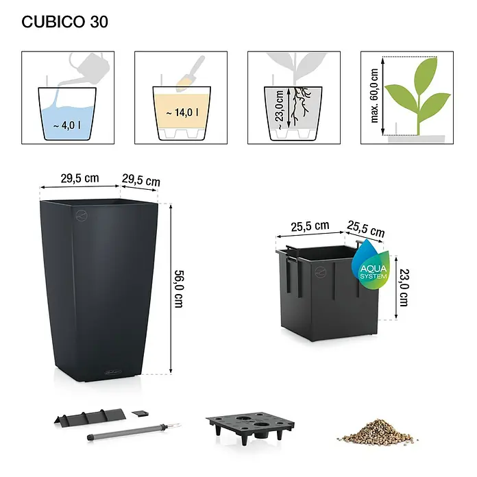 Lechuza Color Pflanzsäule eckig Cubico - Außenmaß (L x B x H): 30 x 30 x 56 cm, Kunststoff, Weiß - Produktabbildung des CUBICO 30 Pflanzgefäßes mit Zubehör und Maßangaben. Optimal für stilvolle Zimmer- und Gartengestaltung.