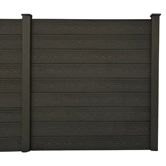 Prestige Home Living Outdoor Sichtschutzelement Set Corteza - B x H: 350 x 180 cm, WPC, Anthrazit - Bild einer modernen, dunklen Holzzaunkonstruktion mit vertikalen Pfosten, ideal für Garten und Grundstück.