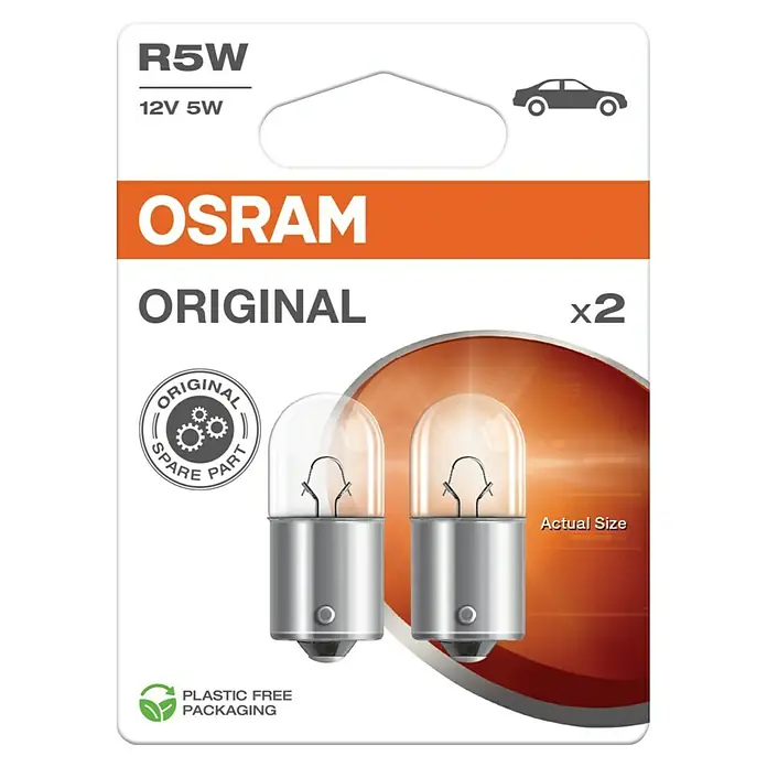 Osram Original Line Kennzeichenleuchte - Lichtstrom: 50 lm, 12 V, 2 Stk. - Produktabbildung einer OSRAM R5W 12V 5W Glühbirne, Original-Ersatzteil im Doppelpack.