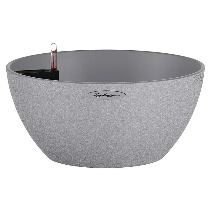 Lechuza Color Pflanzschale rund Cubeto - Außenmaß (Ø x H): 40 x 18,3 cm, Kunststoff, Steingrau - Nahaufnahme eines grauen Lechuza Blumentopfs, der elegantes Design und Funktionalität für Pflanzenliebhaber vereint.