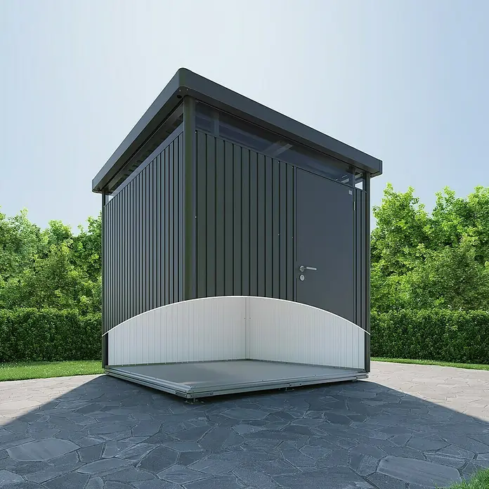 Biohort SmartBase Fundament - Aluminium, Passend für: Biohort Geräteschrank 190 - Ein moderner, grauer Geräteschuppen mit einer abgerundeten, weißen Struktur im Vordergrund, ideal für den Garten.