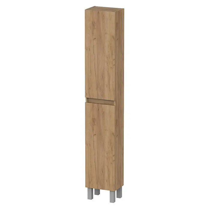 Armario colgante de baño Cancun - An x Pr x Al: 30 x 21 x 180 cm, Roble - Un armario alto de madera vertical con un cajón y patas delgadas grises. La madera tiene un patrón de grano prominente.