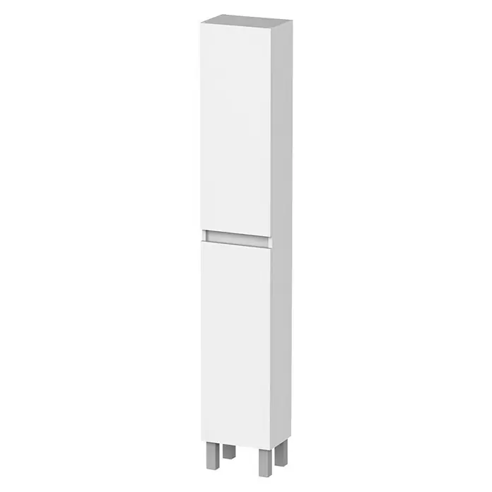 Armario colgante de baño Cancun - An x Pr x Al: 30 x 21 x 180 cm, Blanco - Un armario de baño blanco alto y estrecho con dos puertas y un diseño minimalista, ideal para baños modernos.