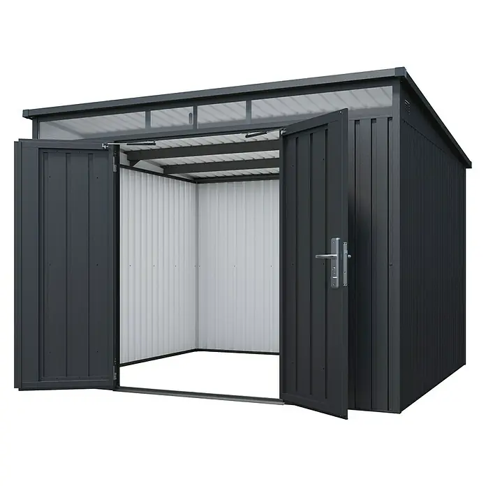 Floraworld Premium Gerätehaus - Außenbreite inkl. Dachüberstand: 280 cm, Außentiefe inkl. Dachüberstand: 266 cm, Metall, Schwarz metallic - Geräumiger Geräteschuppen mit Doppeltür für den Garten. Der Schuppen bietet viel Stauraum und ist robust gebaut für eine lange Lebensdauer.