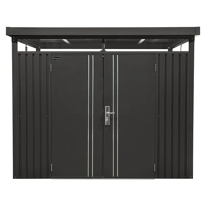 Floraworld Premium Gerätehaus - Außenbreite inkl. Dachüberstand: 274 cm, Außentiefe inkl. Dachüberstand: 274 cm, Metall, Schwarz metallic - Ein graues Gartenhaus mit Doppeltür und silberfarbenen Akzenten bietet stilvollen Stauraum für Gartengeräte und -möbel.
