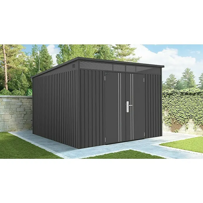 Floraworld Premium Gerätehaus - Außenbreite inkl. Dachüberstand: 280 cm, Außentiefe inkl. Dachüberstand: 266 cm, Metall, Schwarz metallic - Das moderne Gartenhaus mit Doppeltür bietet viel Stauraum für Gartengeräte. Das Haus ist aus hochwertigem Material gefertigt.