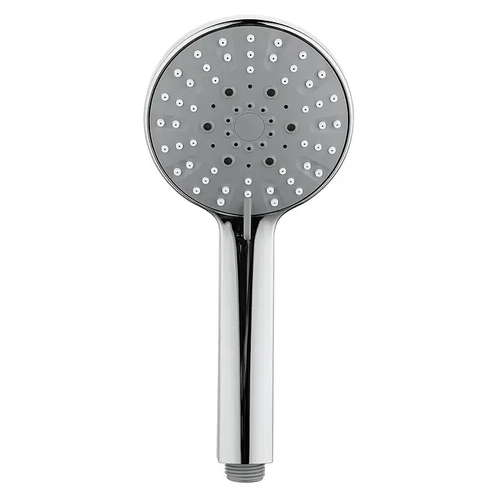 Mixomat Handbrause SpitterAnzahl Funktionen: 3 Stk., Chrom - Nahaufnahme eines verchromten Handbrausekopfes mit mehreren Düsen auf schwarzem Hintergrund.