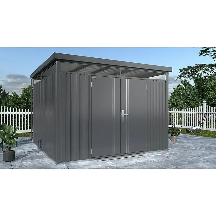 Floraworld Premium Gerätehaus - Außenbreite inkl. Dachüberstand: 314 cm, Außentiefe inkl. Dachüberstand: 314 cm, Metall, Schwarz metallic - Abbildung eines modernen, grauen Gerätehauses mit Doppeltür und flachem Dach, ideal zur Gartenaufbewahrung und Werkzeuglagerung.
