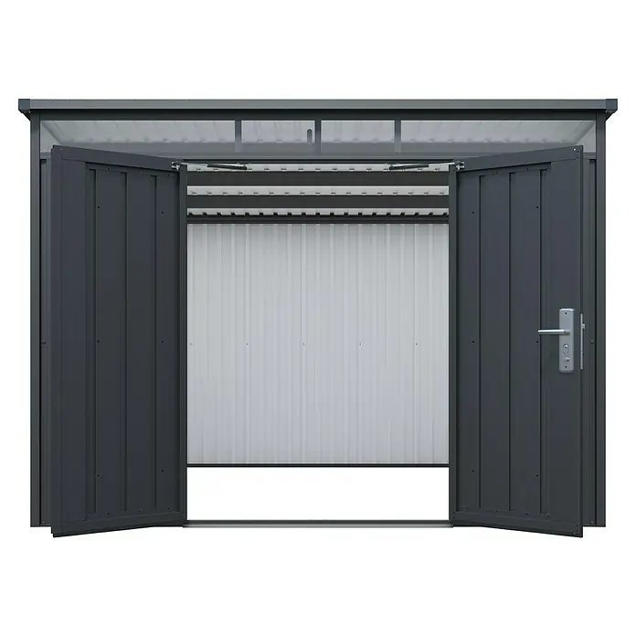 Floraworld Premium Gerätehaus - Außenbreite inkl. Dachüberstand: 280 cm, Außentiefe inkl. Dachüberstand: 266 cm, Metall, Schwarz metallic - Geräumiges Metallgartenhaus mit Doppeltüren, ideal für die Aufbewahrung von Gartengeräten und mehr.