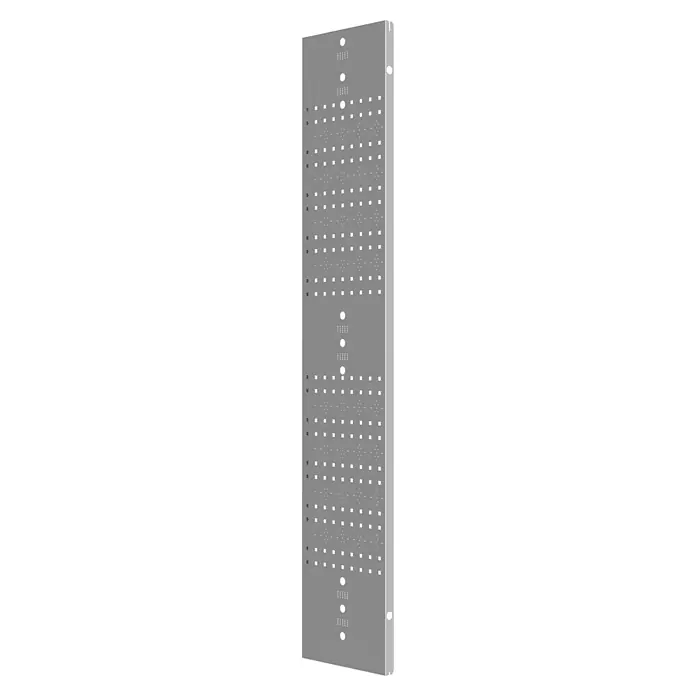 Floraworld Rundlochblech - L x B: 172 x 35 cm, Metall, Passend für: Floraworld Premium Gerätehäuser - Das Bild zeigt ein Serverschrankprofil in Grau, das für die Montage von Geräten in einem Rack konzipiert ist und zahlreiche Befestigungslöcher aufweist.