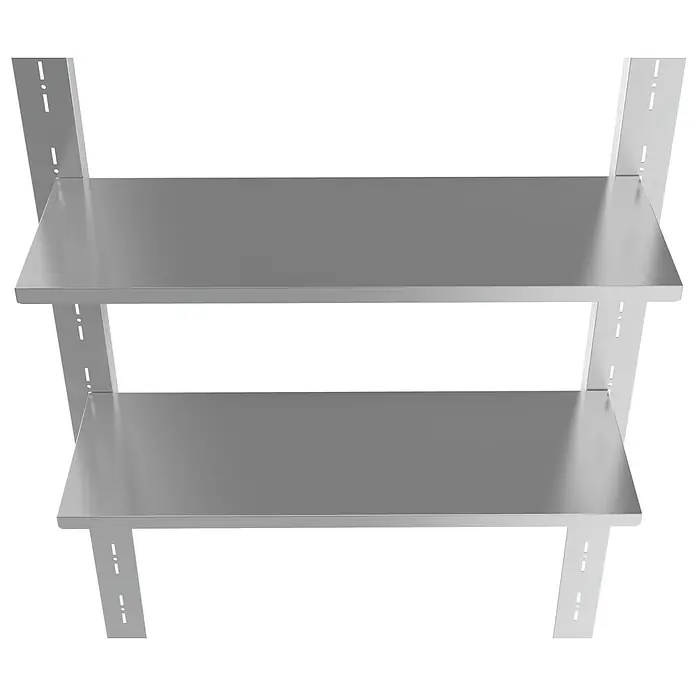 Floraworld Regalboden-Set - Passend für: Floraworld Premium Gerätehäusern, 2 Stk. - Nahaufnahme eines grauen Metallregals mit zwei Ebenen und Lochmuster an den Seiten. Das Regal ist schlicht und modern designt.