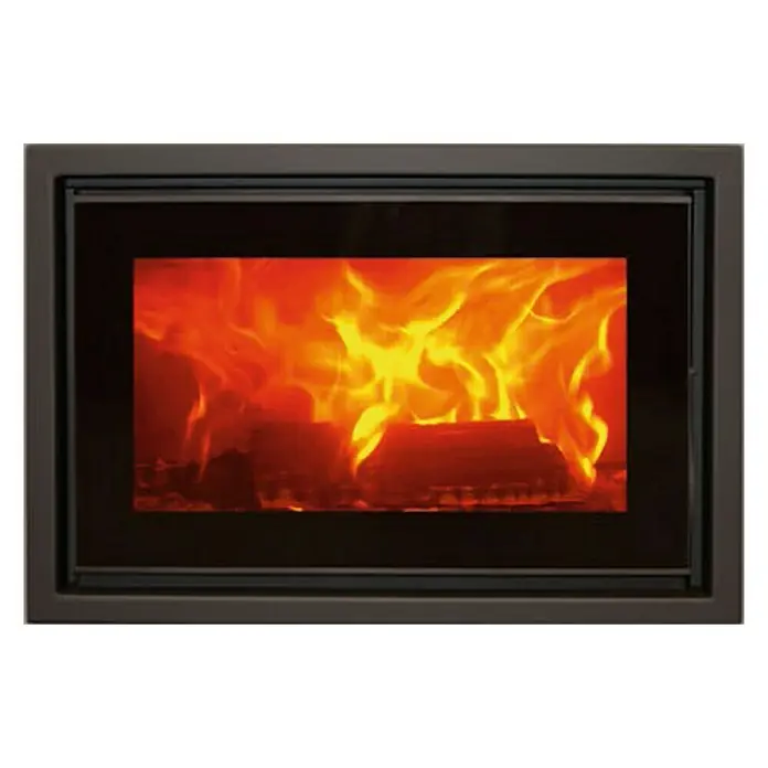 Panadero Hogar de leña F-720-S - L x An x Al: 47,7 x 70 x 62,3 cm, 7 kW, 220 m³, Antracita - Un fuego de chimenea arde brillantemente en una chimenea moderna con un marco oscuro. Las llamas danzan sobre la madera.