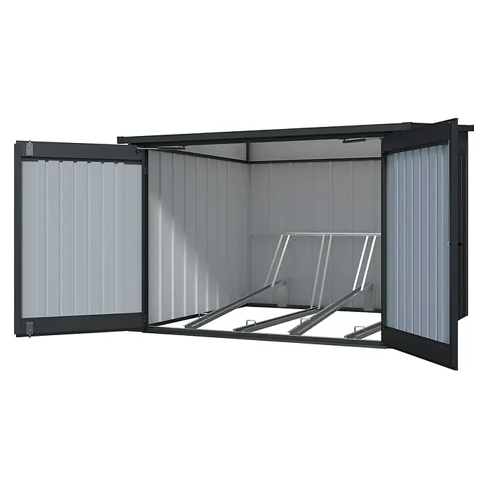 Floraworld Premium Fahrradgarage - Schwarz metallic - Ein offener, grauer Fahrradschuppen mit integriertem Fahrradständer bietet sicheren Schutz für Fahrräder vor Witterungseinflüssen.