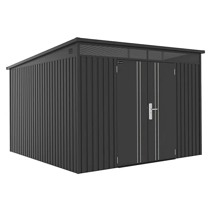 Floraworld Premium Gerätehaus - Außenbreite inkl. Dachüberstand: 280 cm, Außentiefe inkl. Dachüberstand: 266 cm, Metall, Schwarz metallic - Geräumiges Gartenhaus aus robustem Metall mit Doppeltür und praktischem Griff für einfachen Zugang zu Gartengeräten und -möbeln.