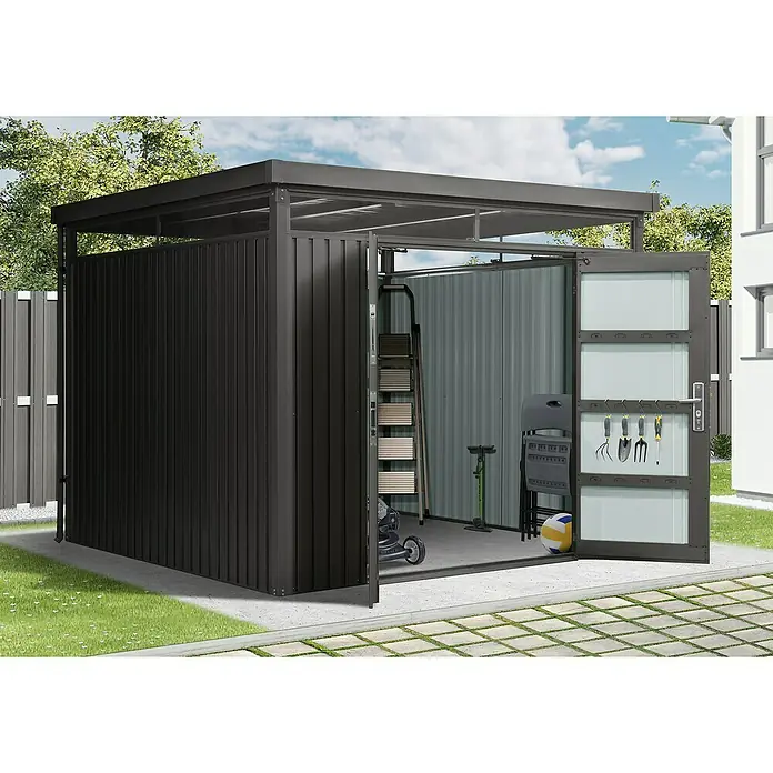 Floraworld Premium Gerätehaus - Außenbreite inkl. Dachüberstand: 274 cm, Außentiefe inkl. Dachüberstand: 274 cm, Metall, Schwarz metallic - Geräumiger, moderner Geräteschuppen mit Doppeltür und praktischer Aufbewahrung für Gartengeräte. Robuste Konstruktion für den Außenbereich.